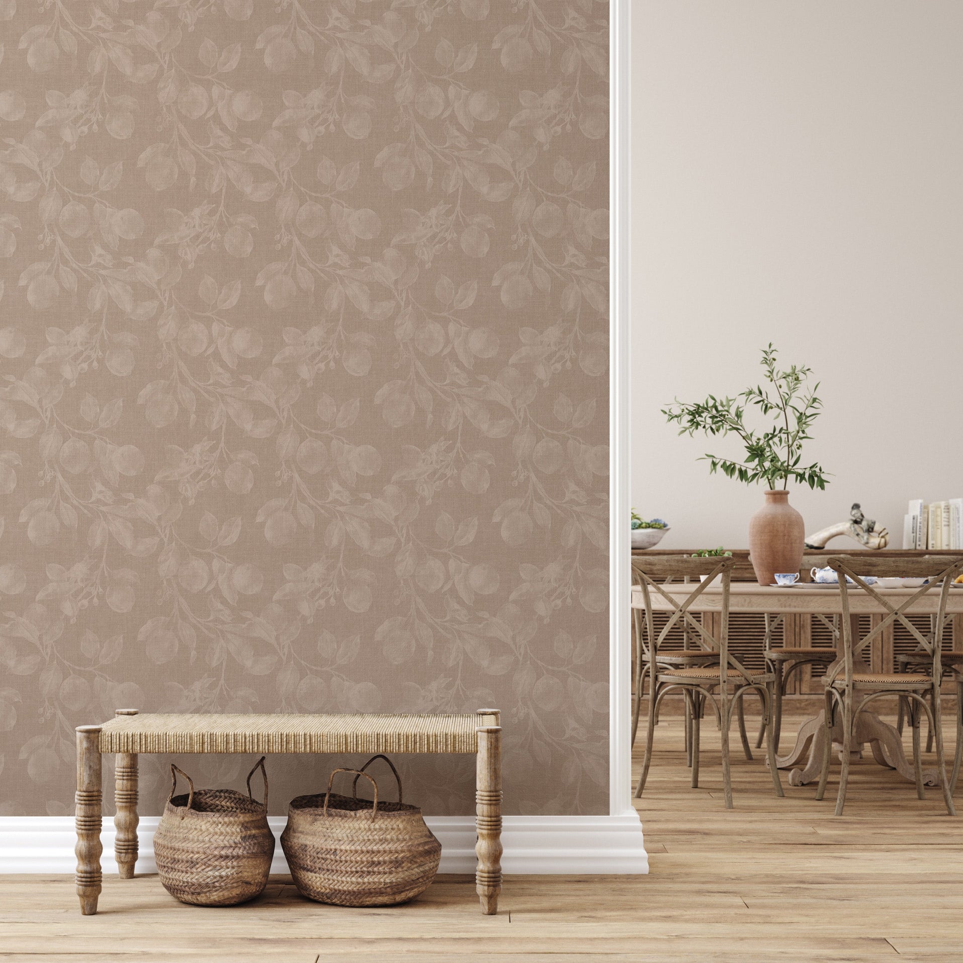 Monica's Orchard Botanical Floral Wallpaper in Dark Brown Espresso