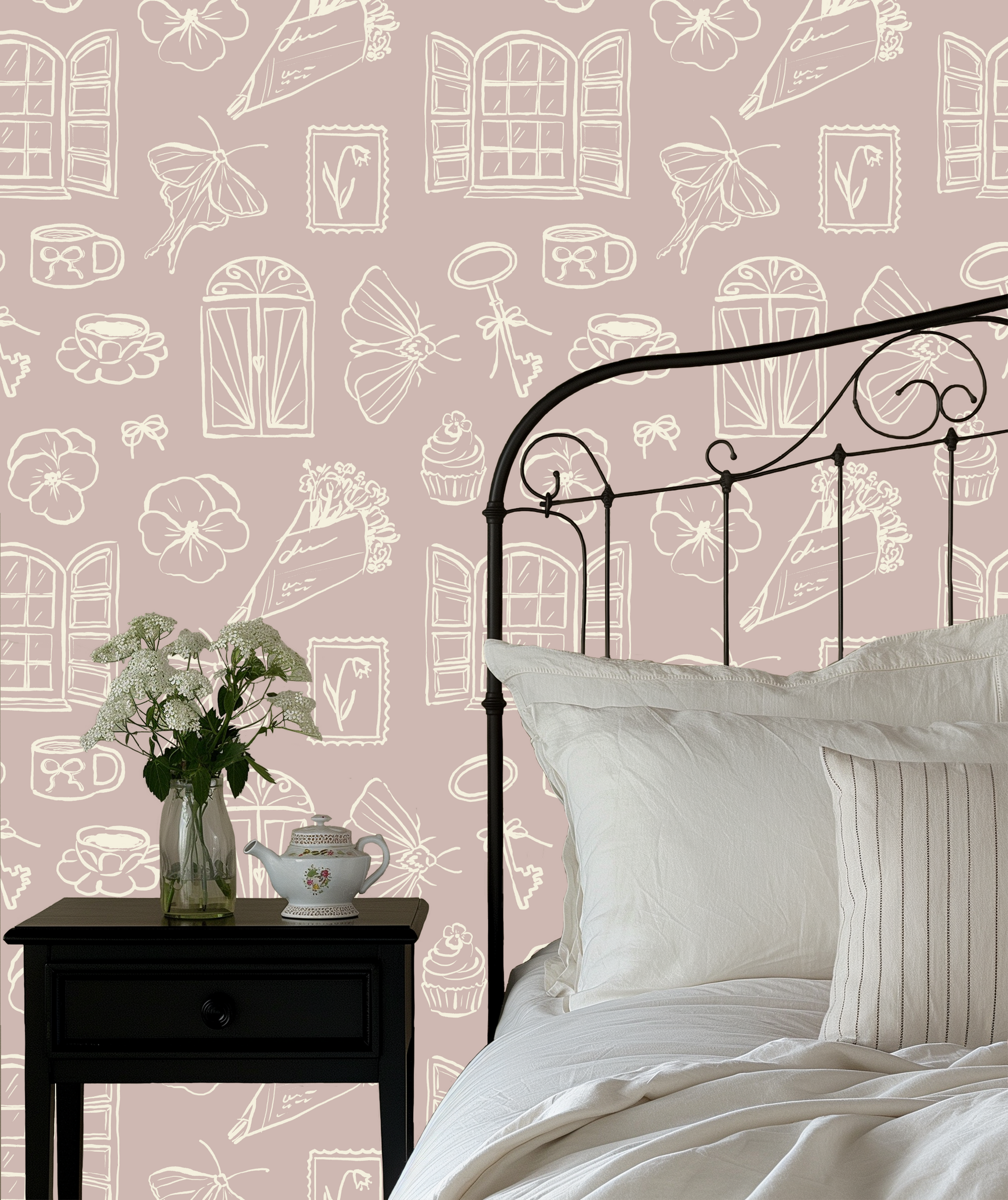 Lucille Cream and Black Removable Wallpaper Vintage Illustrative