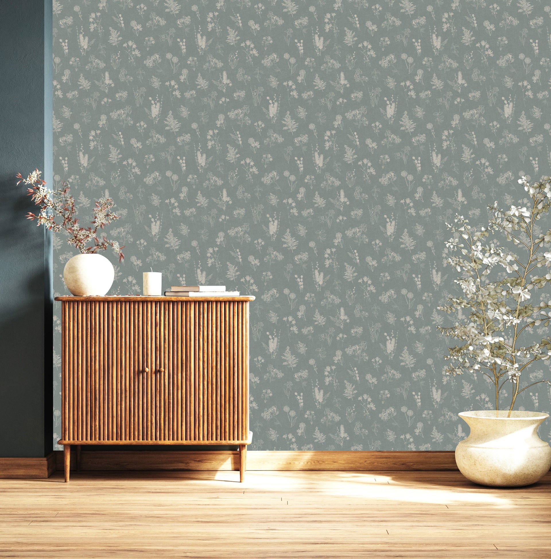 Everette Floral Wallpaper in Blue, White and Beige
