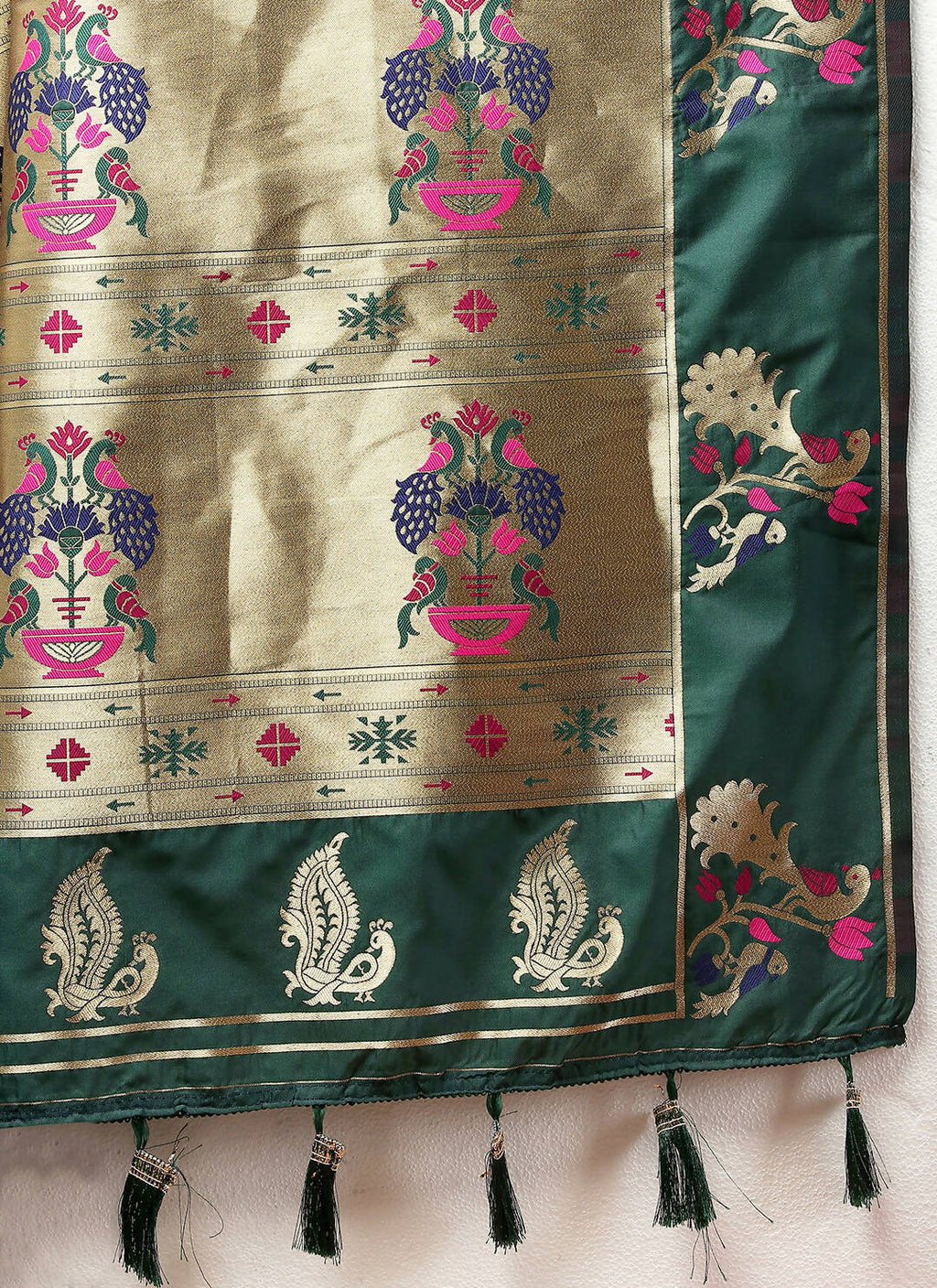 Green Soft Paithani Silk Saree with Gold Zari Meenakari Weaving