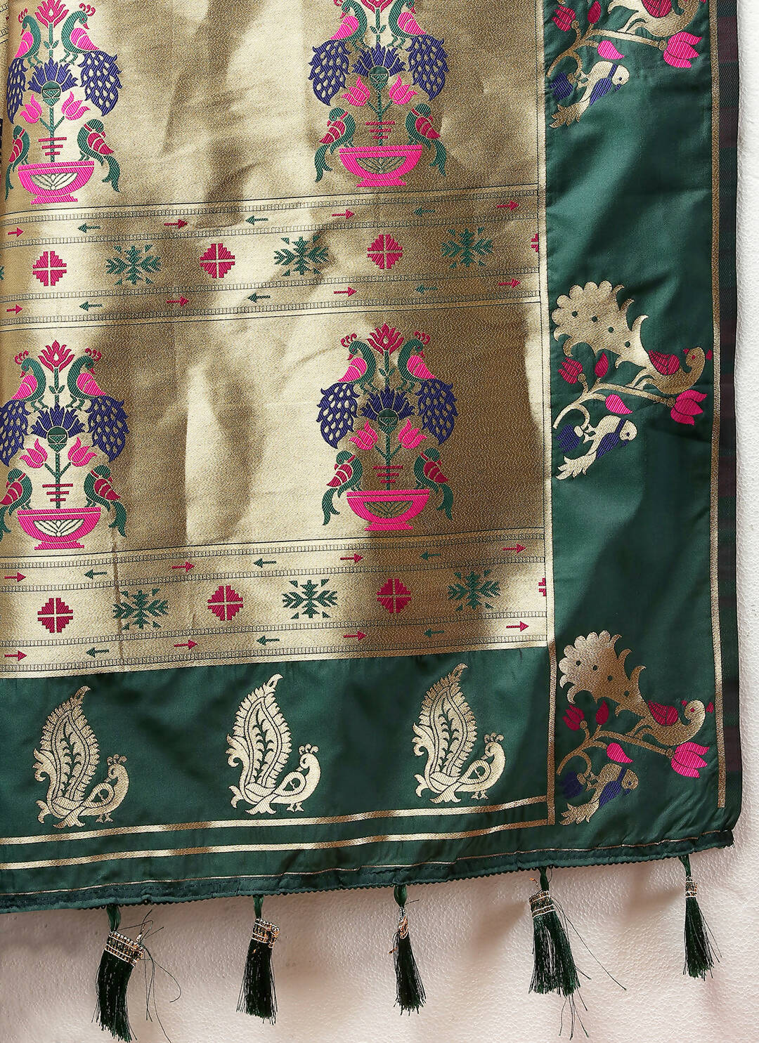 Green Soft Paithani Silk Saree with Gold Zari Meenakari Weaving