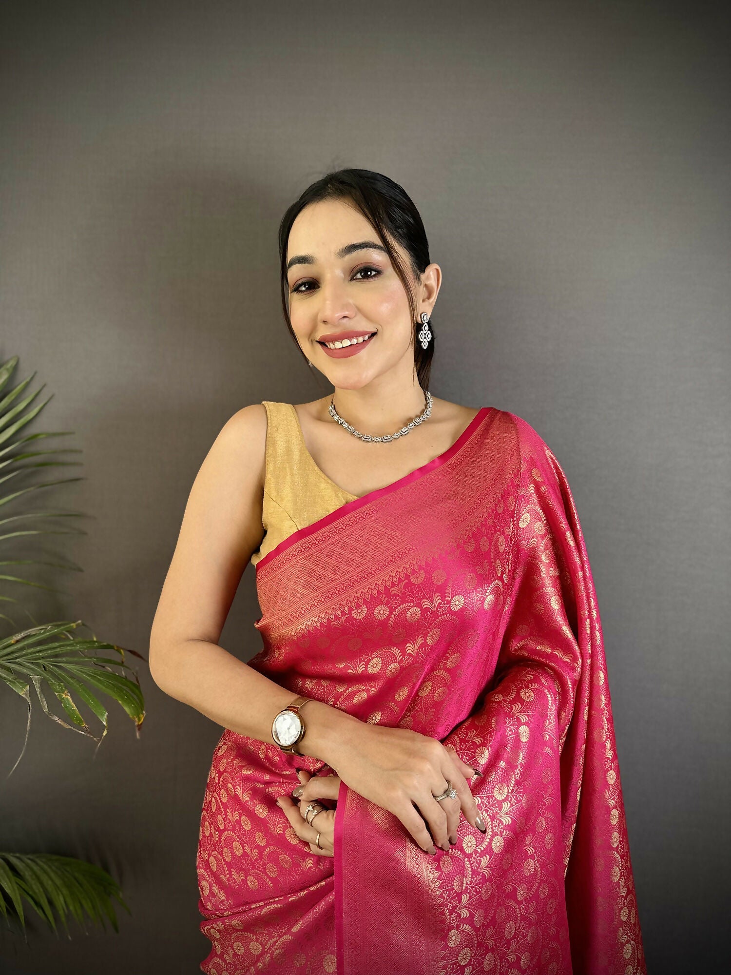 Rani Pink Floral & Paisley Soft Satin Silk Banarasi Saree