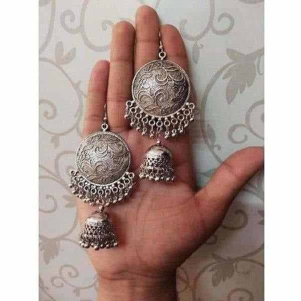 Traditional oxidised silver plated jhumka earrings