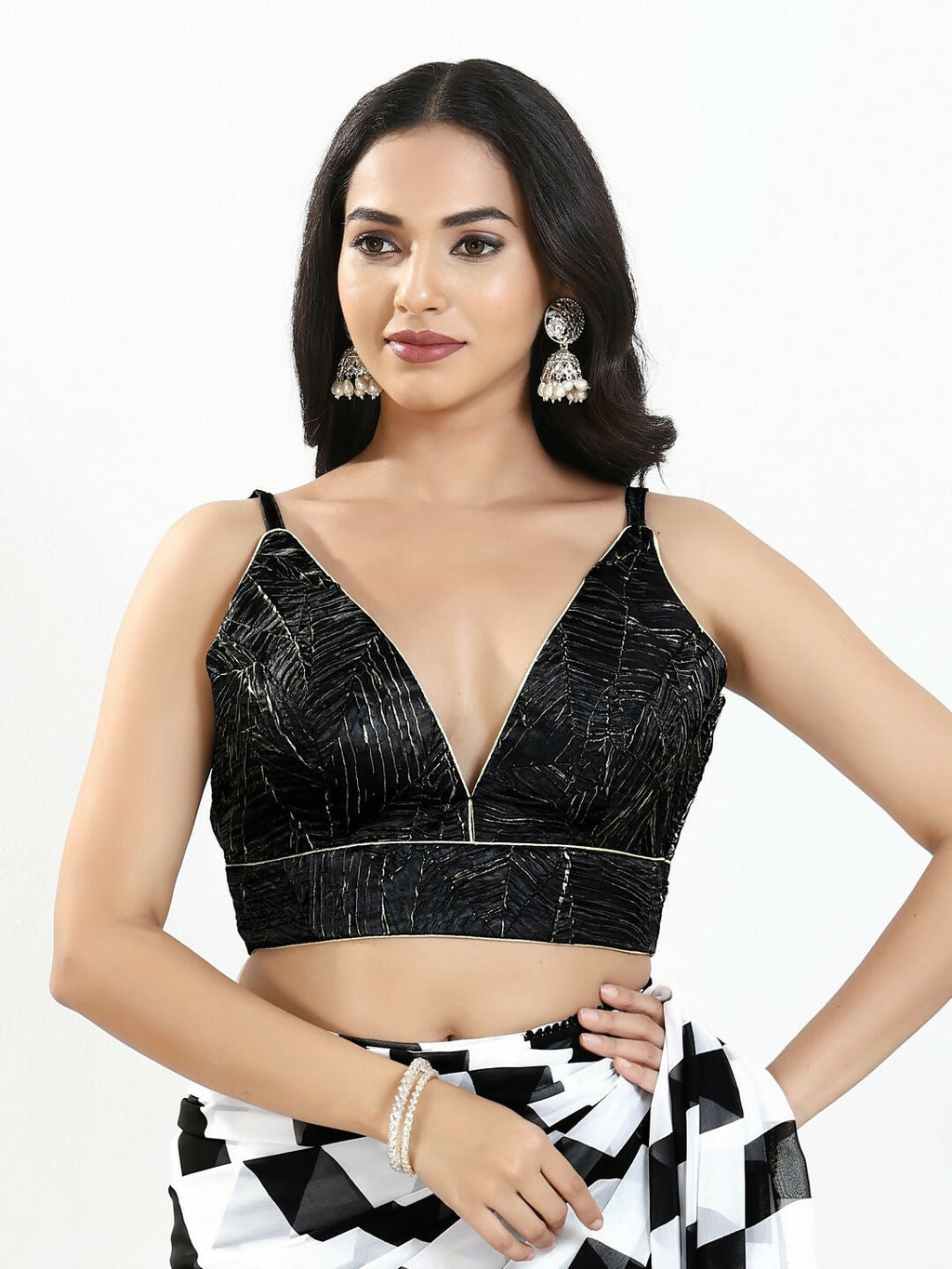 Joban Fashion Black Satin Crush Padded Blouse With V Neck Sleeveless