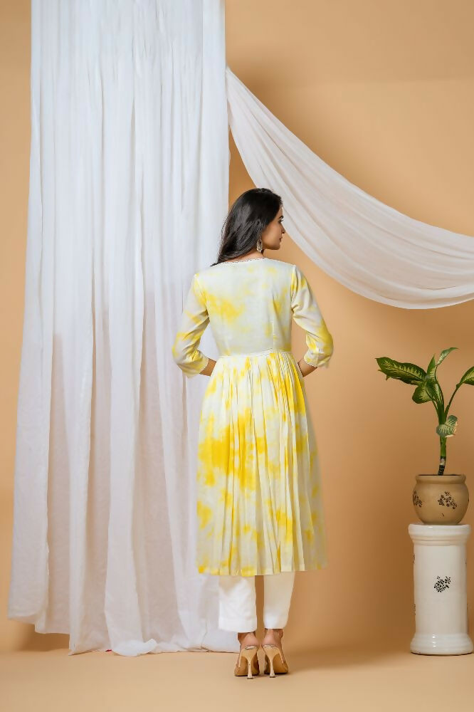 Yellow Tie & Dye Cotton Kurta Pant Set for Women
