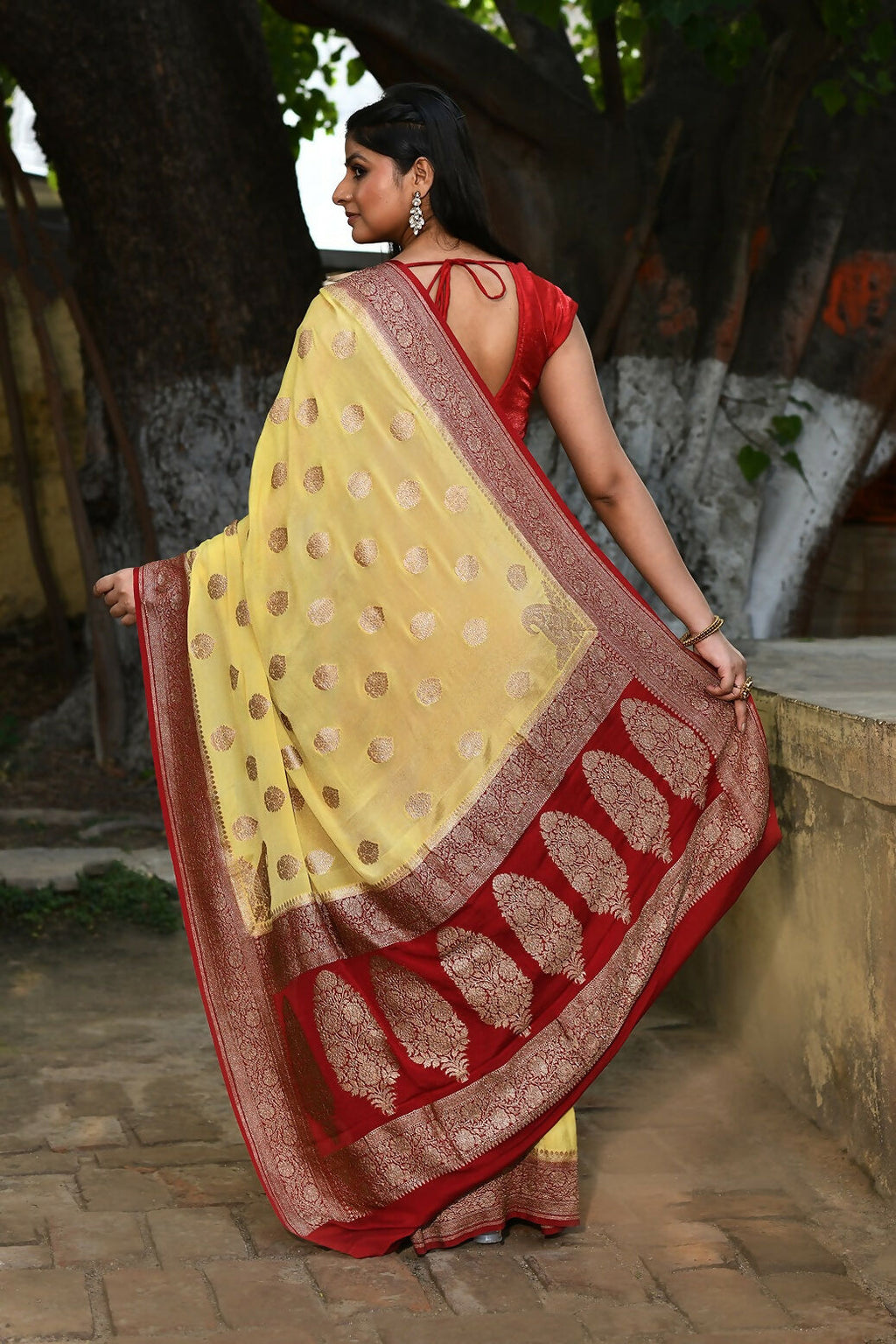 Pale Yellow Crepe Chiffon Banarasi Silk Handloom Saree