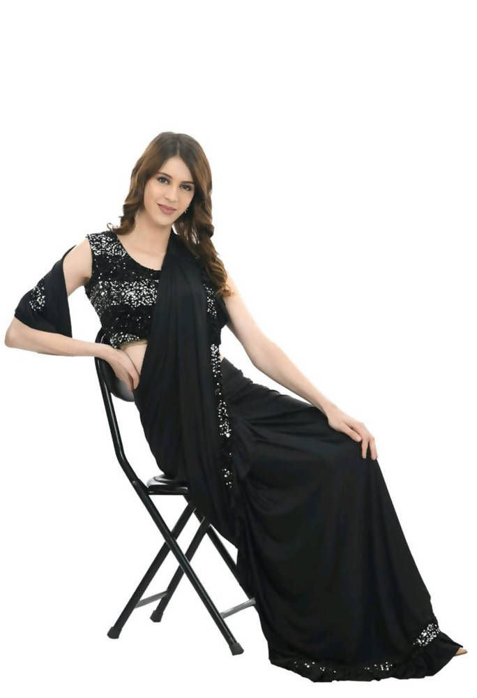 Black Ruffled Ready To Wear Saree with Sequence Embroidered Blouse