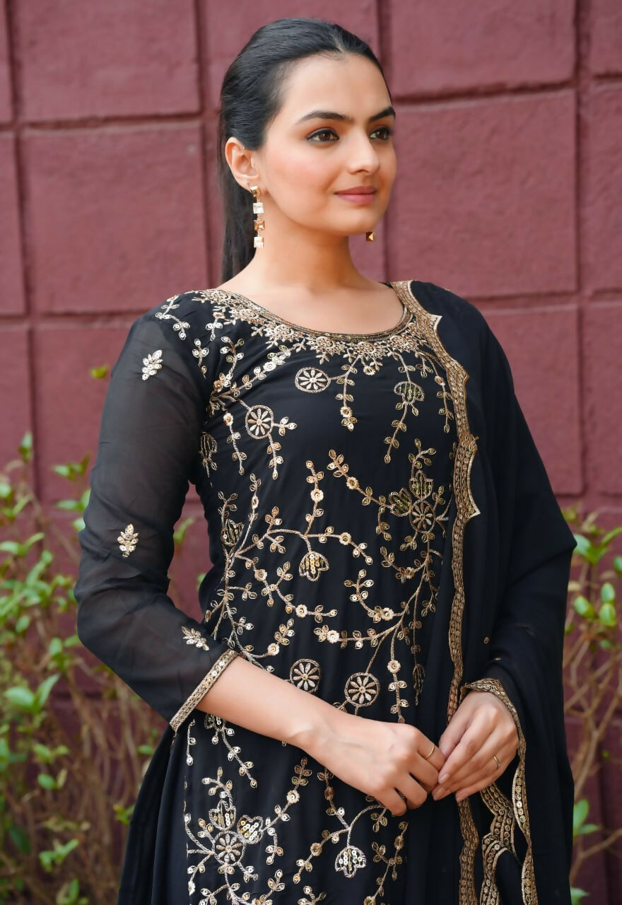 Black Georgette Embroidered Sharara Set - Sophisticated Ethnic Wear