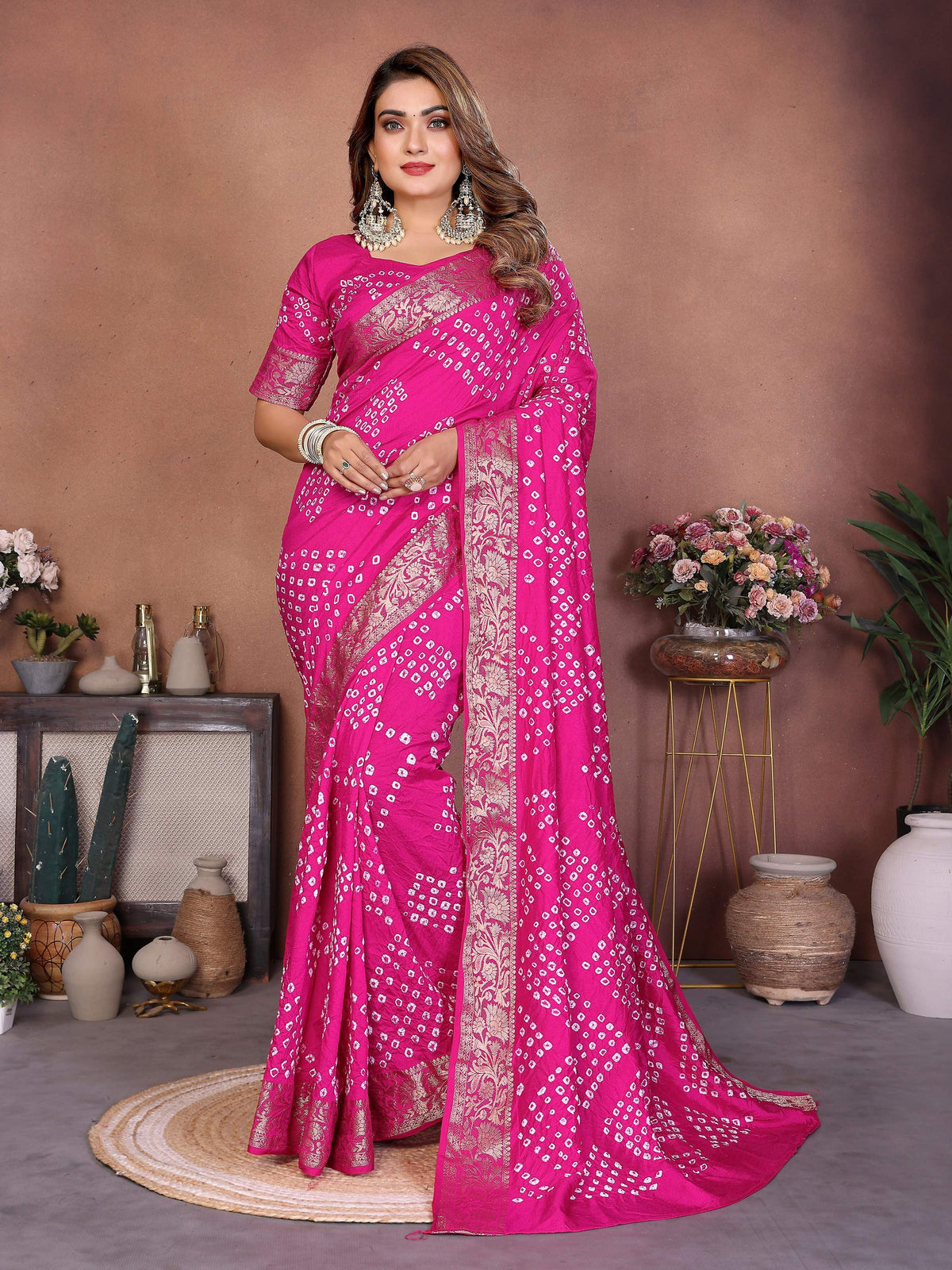 Pink Pure Dola Silk Saree with traditional Handmade Bandhej work