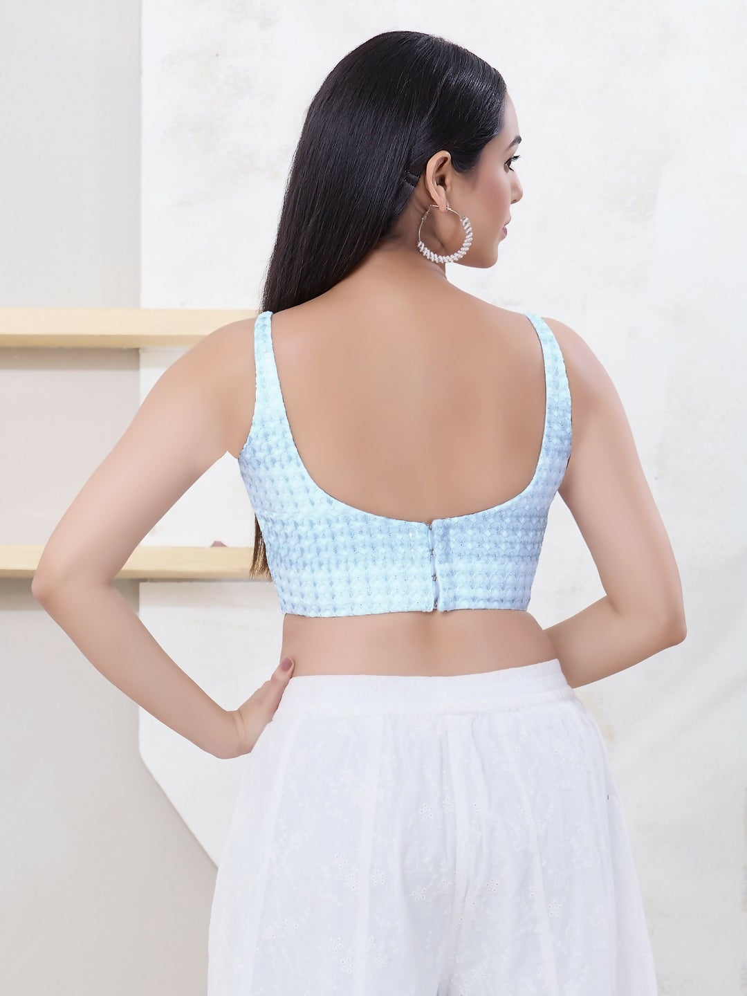 Light-Blue Shifli Sleeveless Square Neck Back Open Blouse