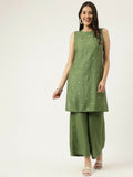 Green straight kurta set with embroidery detail and matching rayon pants