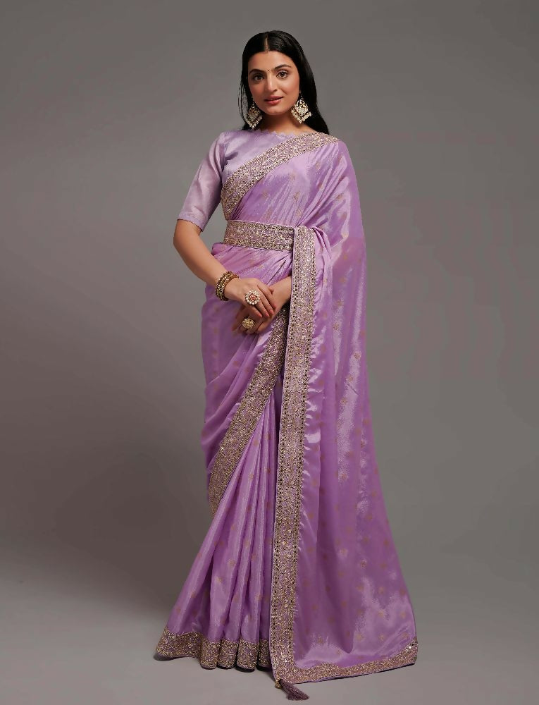 Onion-colored Chinon saree with detailed embroidery and elegant lace border