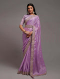 Onion-colored Chinon saree with detailed embroidery and elegant lace border