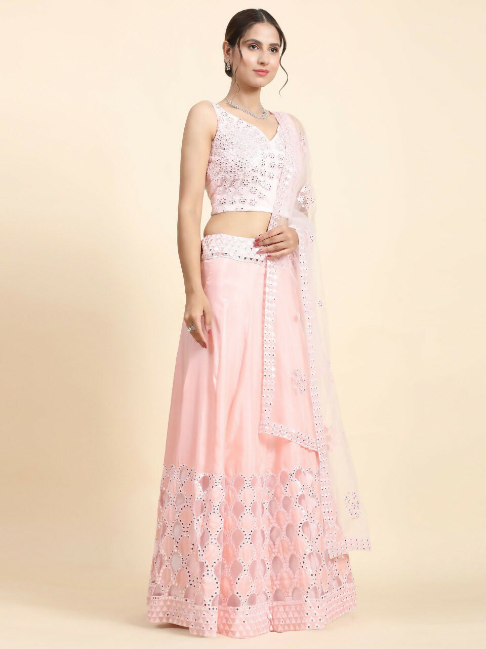 Baby Pink Silk Thread & Paper Mirror Lehenga Choli with Dupatta