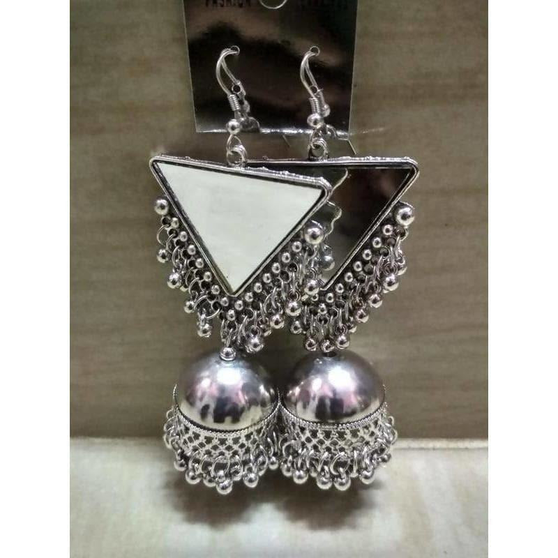 Silver oxidized Jhumka earrings with circular mirror-work embellishments