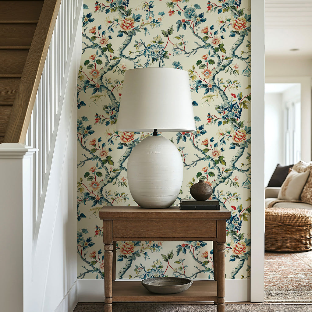 Eveline Floral Wallpaper - Traditional Botanical Cream Blue Pink Green