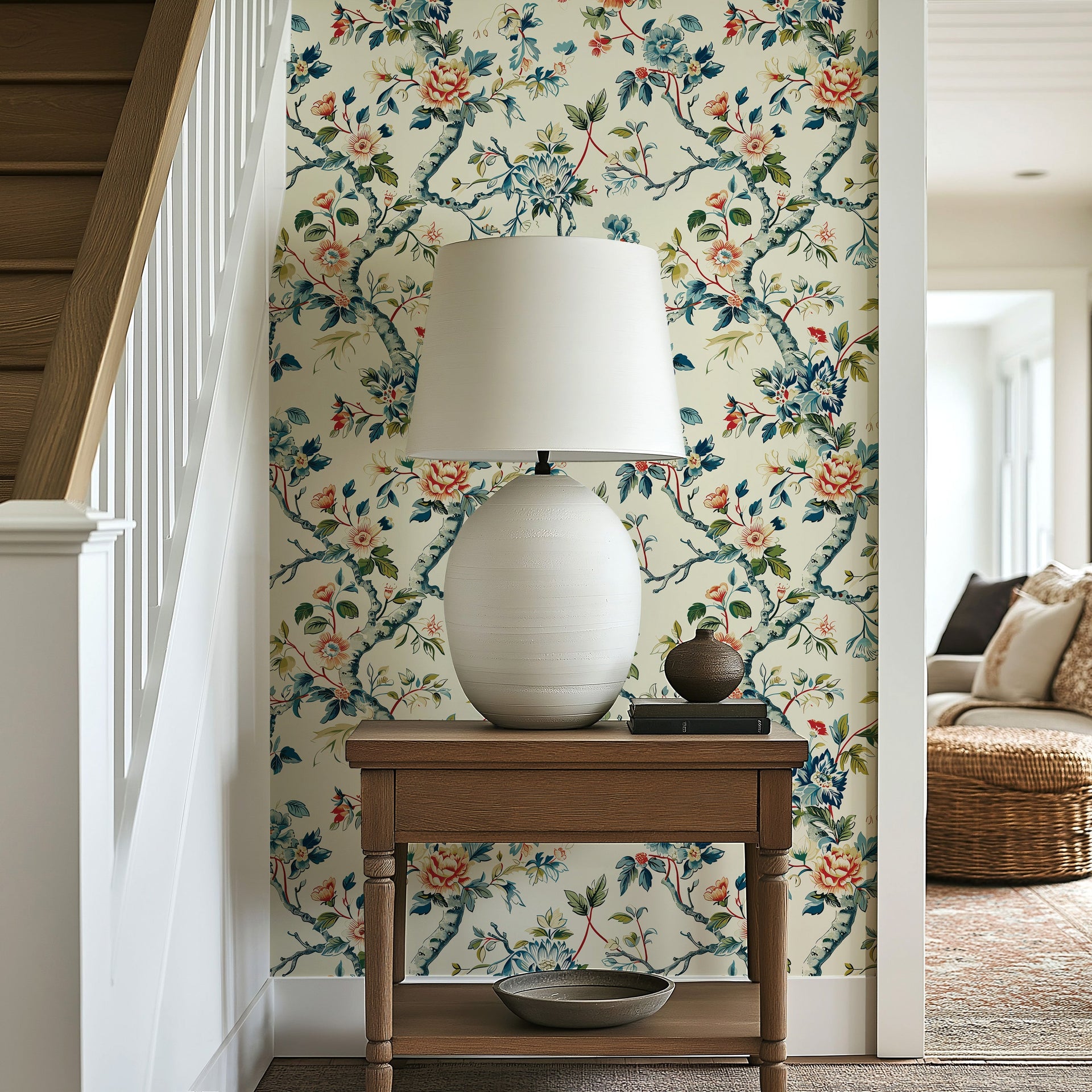 Eveline Floral Wallpaper - Traditional Botanical Cream Blue Pink Green