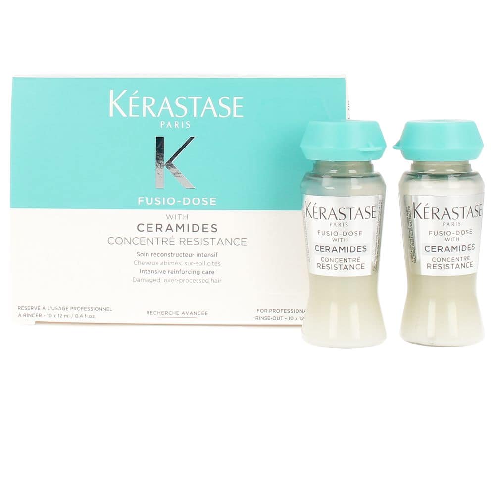 Set of 10 Kérastase Fusio-Dose Concentre Resistance treatments in teal and white packaging.