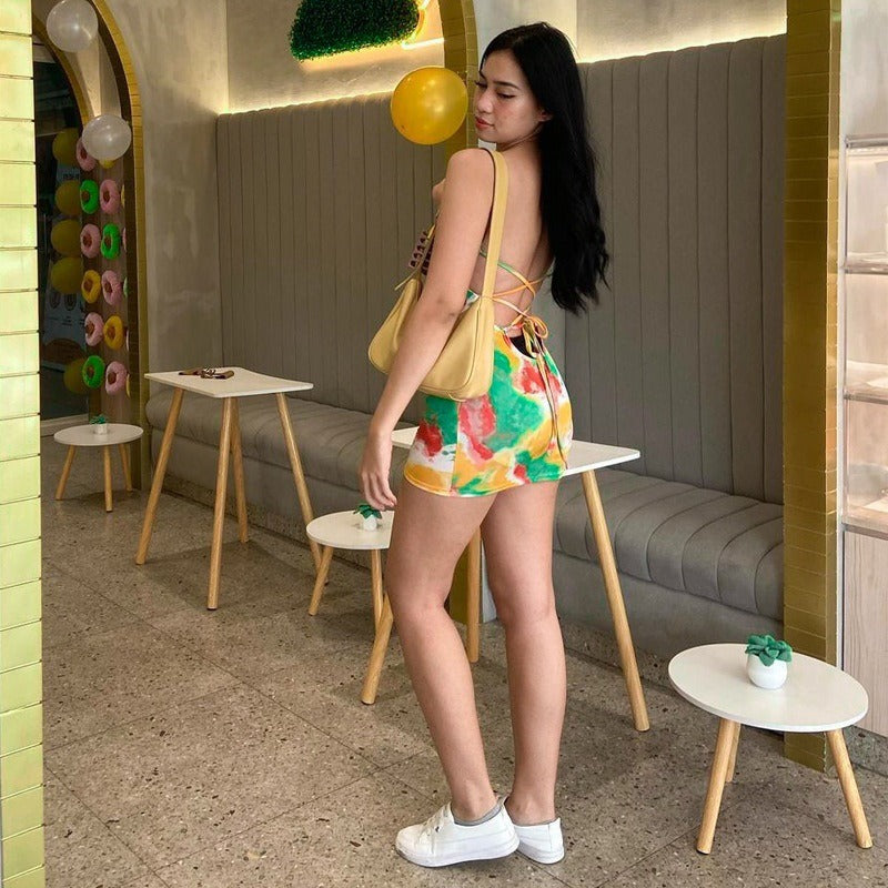 New Tie-Dye Hook-Front Bodycon Mini Dress with Straps