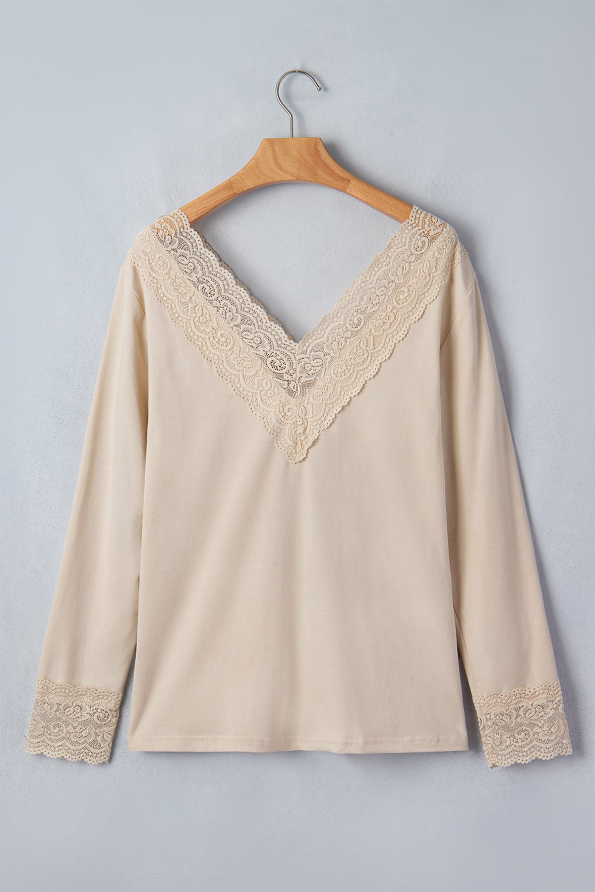 Apricot Lace Trim V Neck Long Sleeve Patchwork Pullover Top
