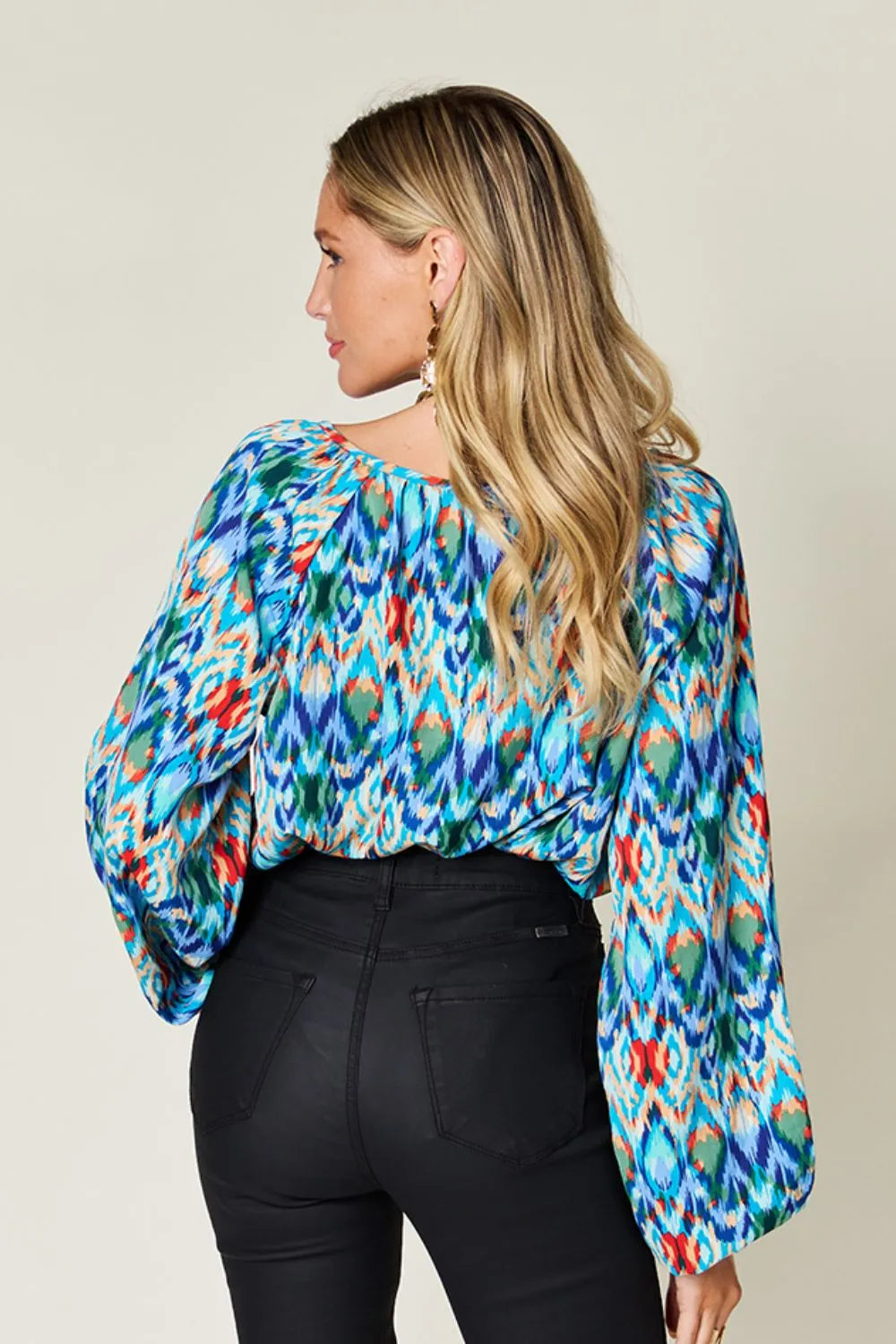 Printed Balloon Sleeve Blouse | Geometric V-Neck Chiffon Top