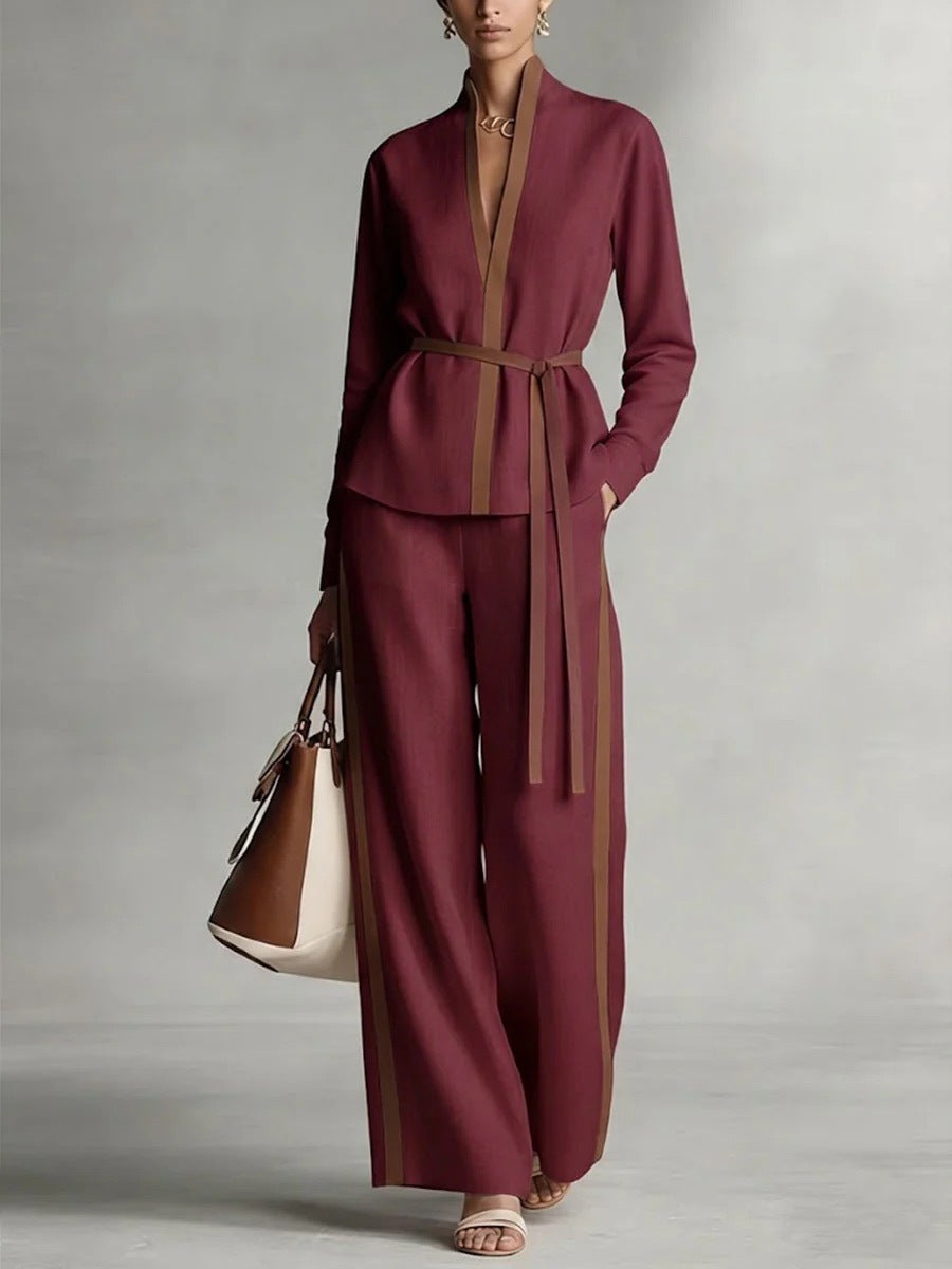 Women’s Contrast Trim Belted Cardigan and Wide Leg Pants Set - Image 11
