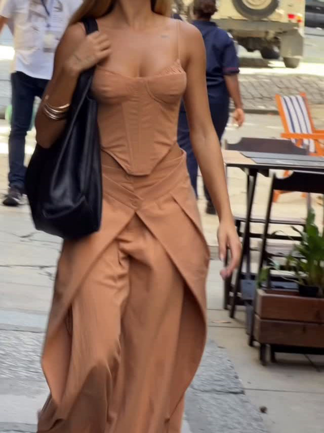 Spaghetti Strap Corset Top and Wide-Leg Pants Set in Camel - Image 5
