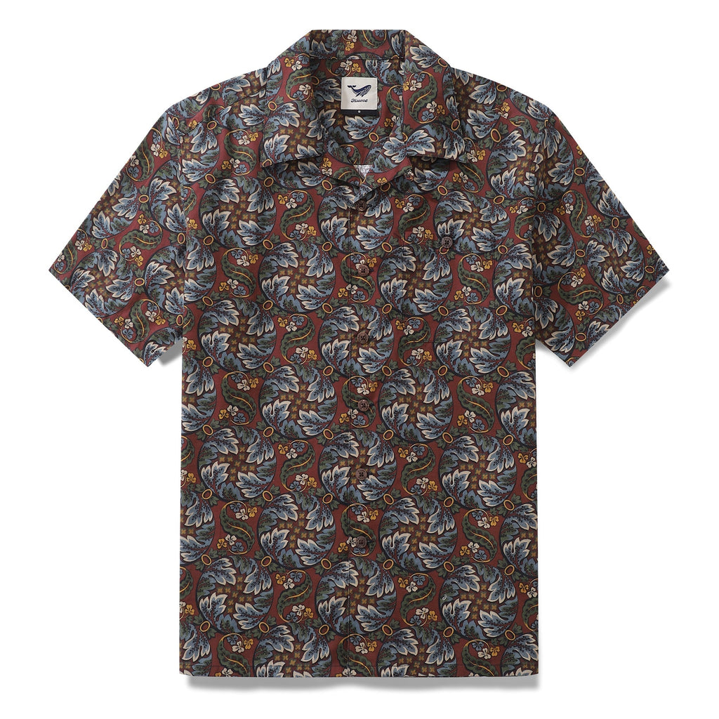 Men's vintage Hawaiian camp collar shirt with red and green lotus leaf pattern