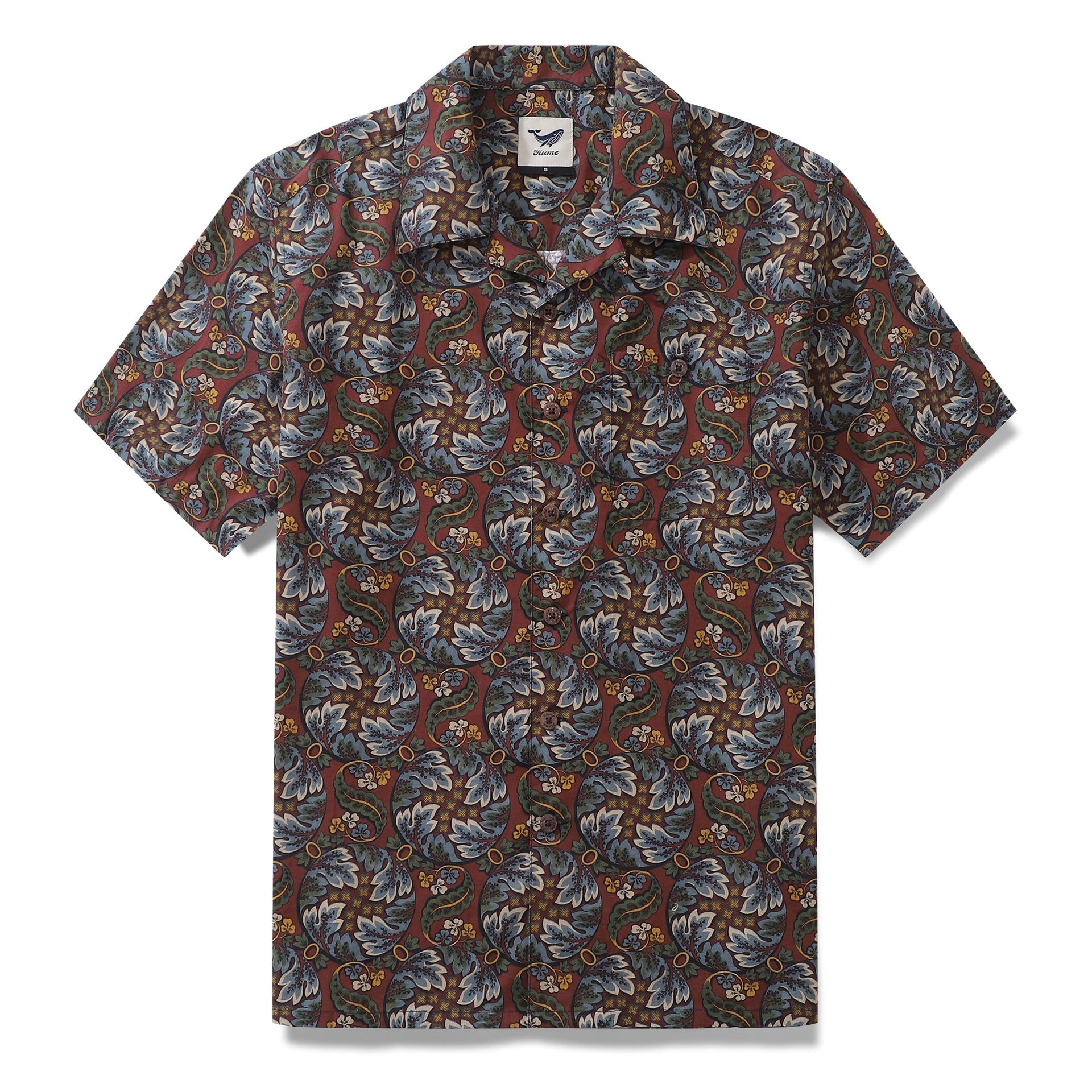 Men's vintage Hawaiian camp collar shirt with red and green lotus leaf pattern