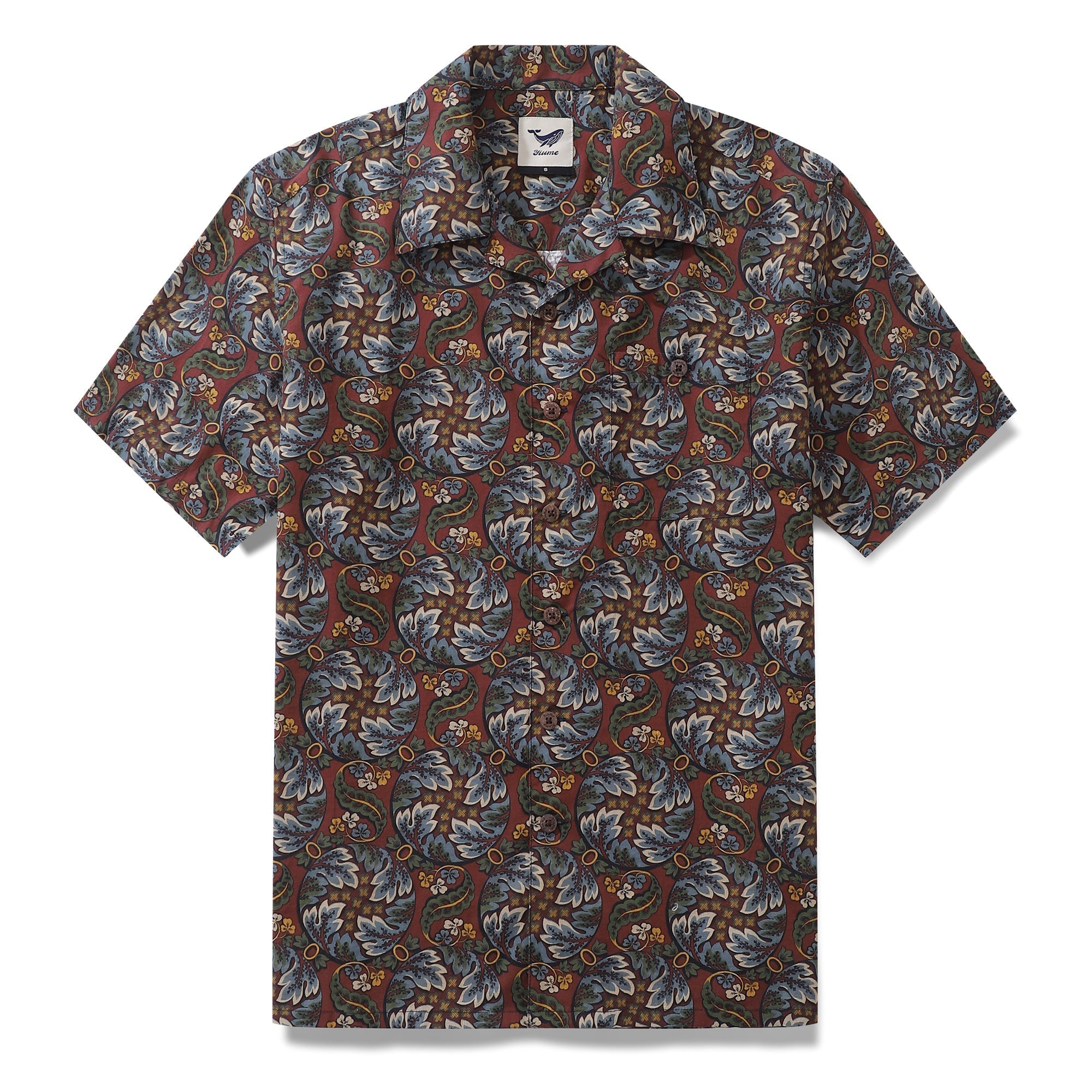 Men's vintage Hawaiian camp collar shirt with red and green lotus leaf pattern