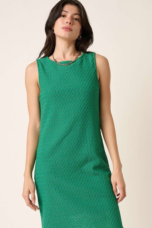 Sleeveless Round Neck Side Slit Knit Dress in Green