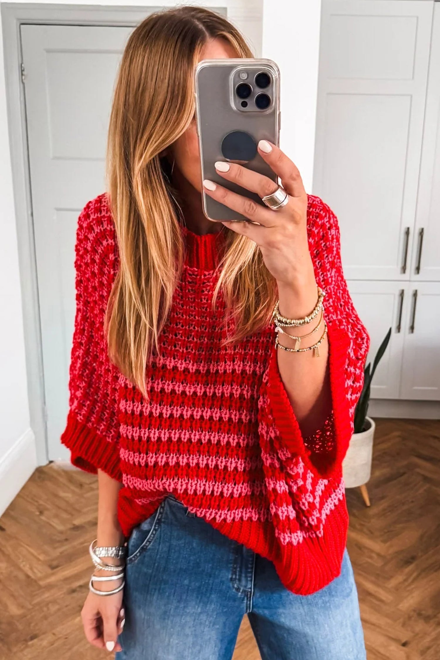 Red Stripe 3/4 Draped Sleeve Slouchy Sweater | Acrylic Knit