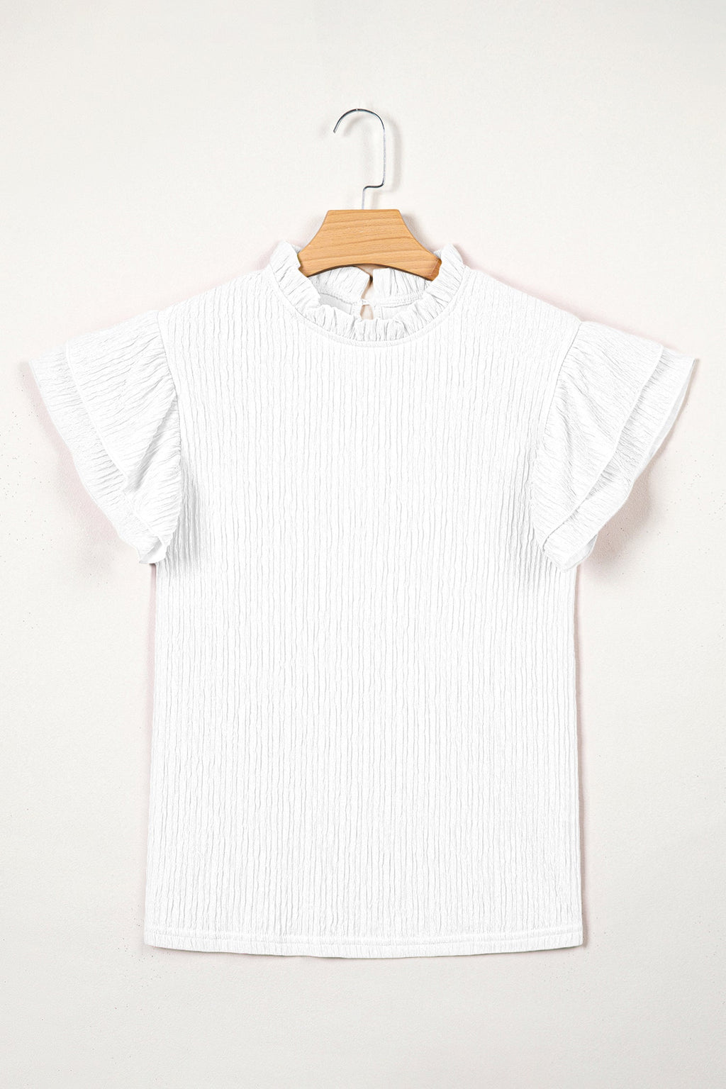 Solid Textured Ruffle Trim Short Sleeve Blouse - Feminine Top