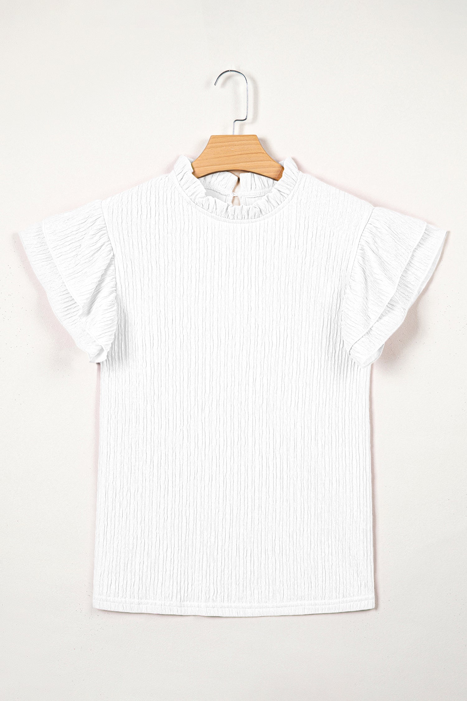 Solid Textured Ruffle Trim Short Sleeve Blouse - Feminine Top