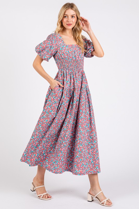 Cotton Smocked Floral Square Neck Midi Dress - Cottagecore Style