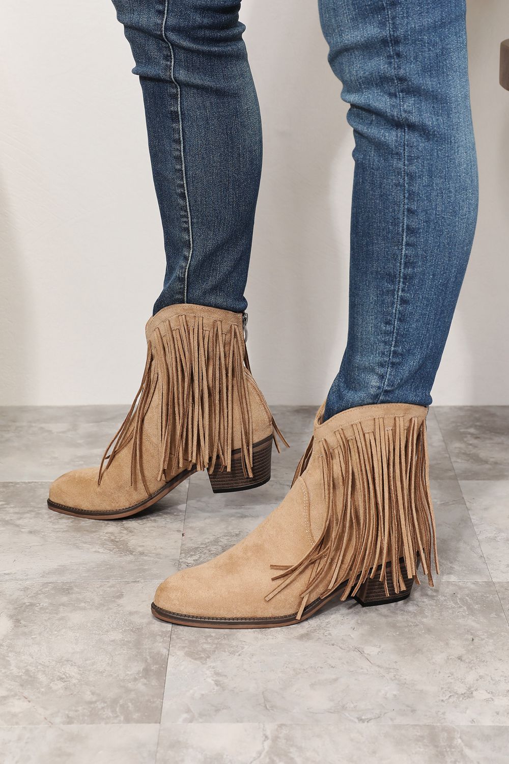 Women's Fringe Western Ankle Boots Faux Suede Pointed Toe Tan