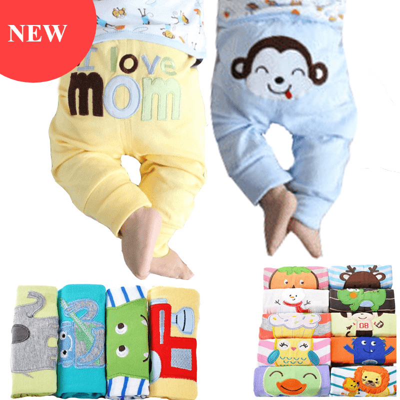 Set of 5 baby cotton pants with animal prints and star patterns for infants.