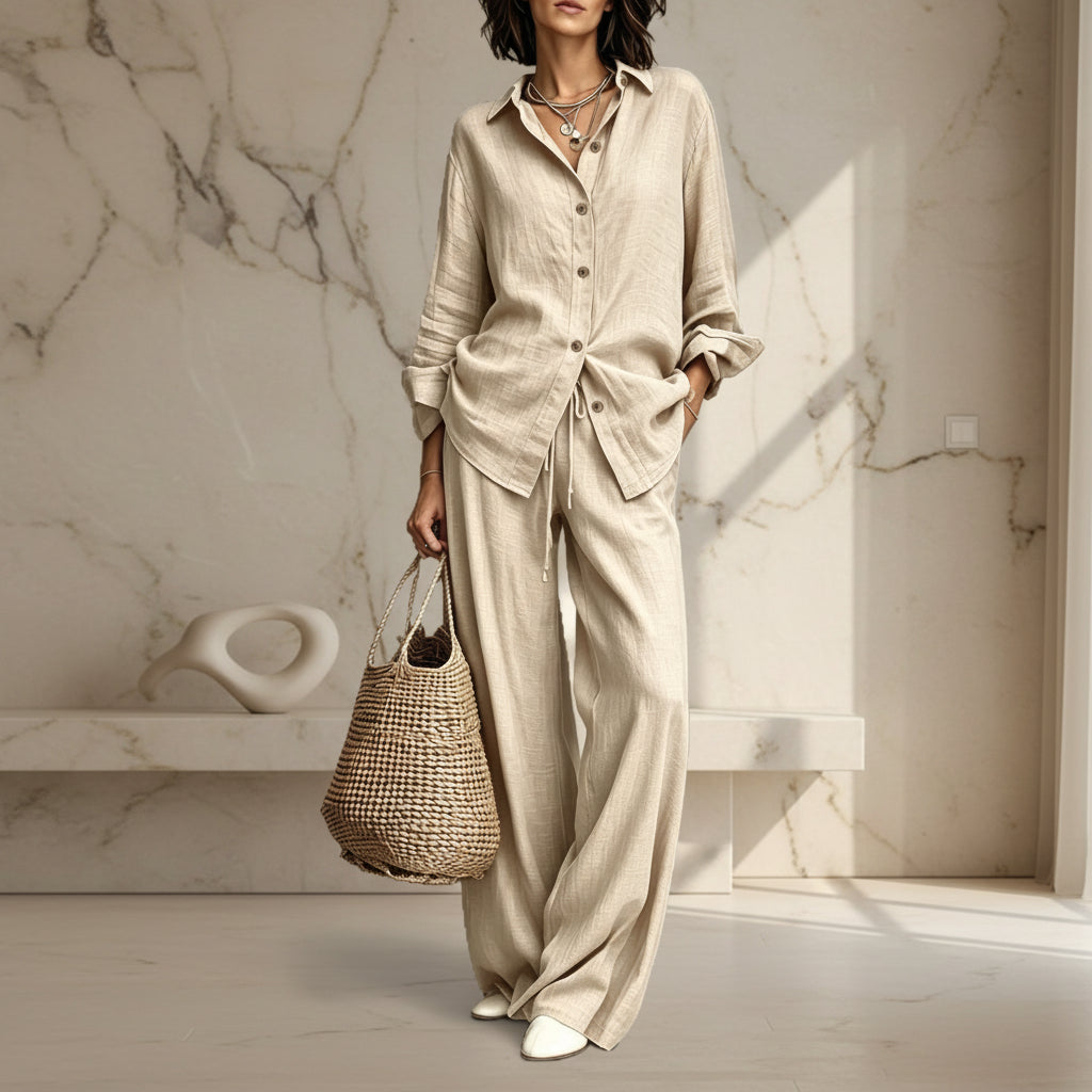 Women's Button-Down Shirt & Wide-Leg Pants Set