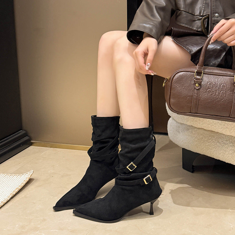 Women Pointed Toe Suede Stiletto Ankle Boots with Buckle Straps - Image 4