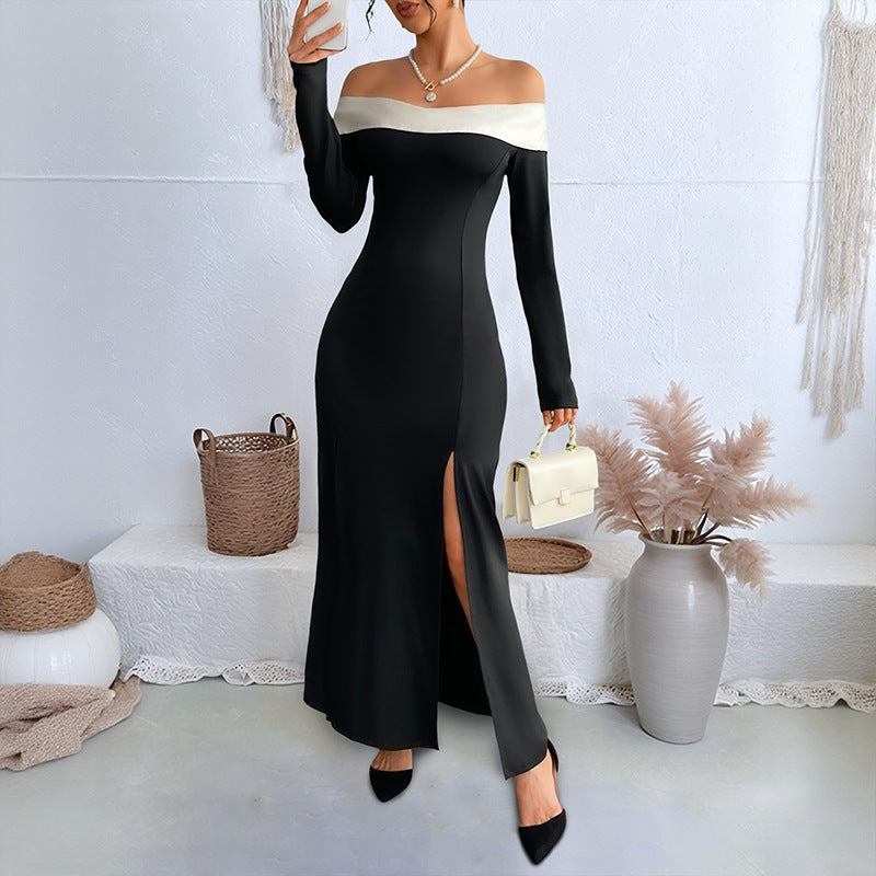 Modern One Shoulder Patchwork Slim Long Dress Black White