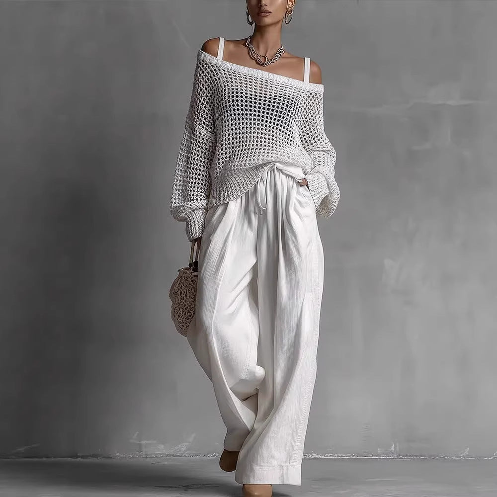 Women's Hollow-Out Knit Top and Wide-Leg Linen Pants Two-Piece Set - Image 2