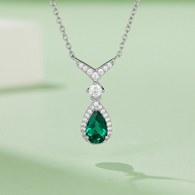 S925 Silver 2.5g 0.73ct Lab-Created Emerald Necklace, 5x5mm Teardrop Pendant, 40&5cm
