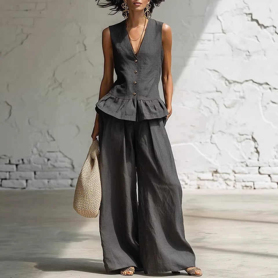 Women's Ruffled Sleeveless V-Neck Vest and Wide Leg Pants Set - Image 2
