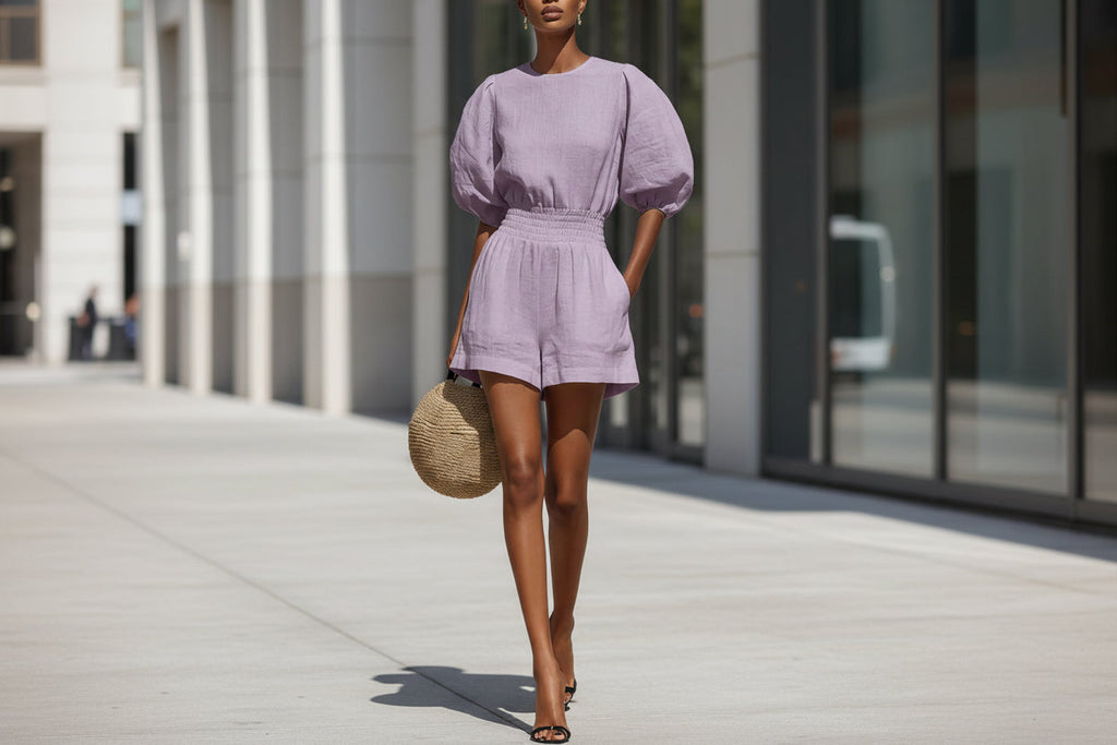 A woman wearing a matching light purple puff-sleeve top and high-waisted shorts set while carrying a round straw bag.