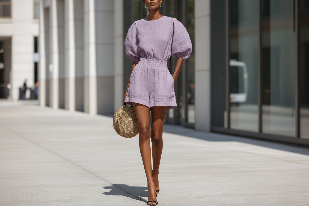 A woman wearing a matching light purple puff-sleeve top and high-waisted shorts set while carrying a round straw bag.
