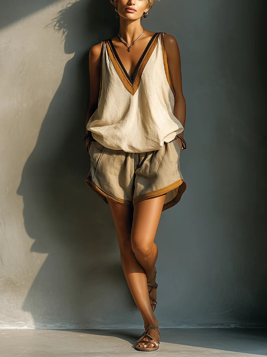 Women's V-Neck Sleeveless Color-Block Top and Shorts Set