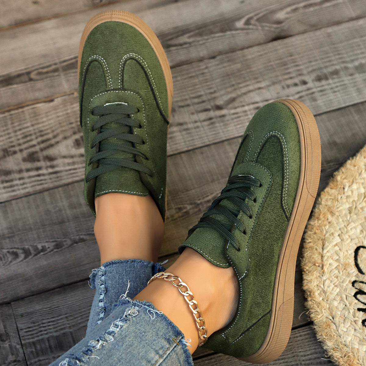 Women's Round Toe Lace-Up Casual Sneakers in Grey and Beige