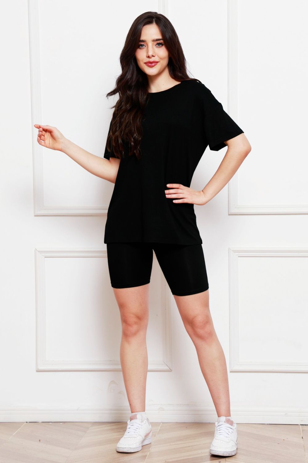 Women's Black Short Sleeve T-Shirt and Biker Shorts Set