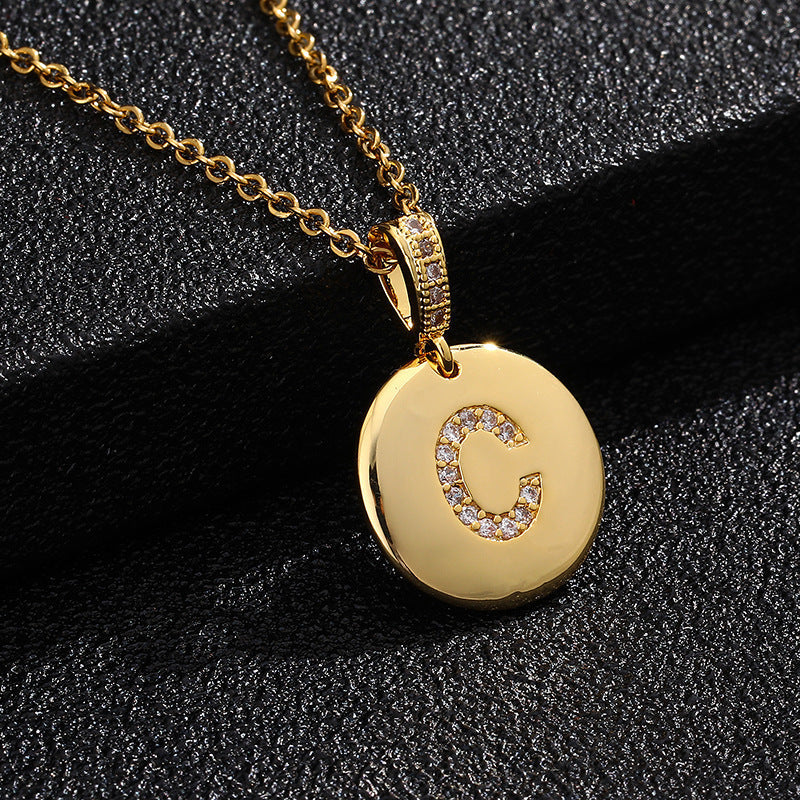 Gold Plated Zircon Initial Disc Necklace Personalized Pendant