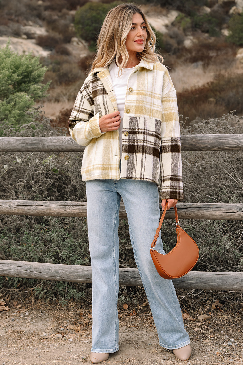 Women's Cream and Tan Plaid Patchwork Button Down Shacket - Image 7